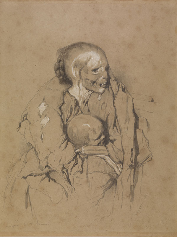 Theodore Valerio [ French 1819 - 1879 ] A DEAD WOMAN AND CHILD AT THE ST BERNARD PASS , 1844 , graphite and white heightening on brown paper  , 278 x 208 mm