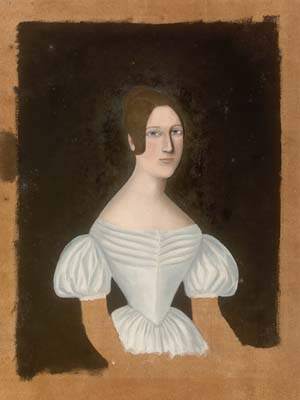 Anonymous , American [ 19th Century ]  PORTRAIT OF A WOMAN , ca 1840 , oil on paper , 375 x 280 mm