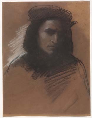 Jean Baptiste Carpeaux [ French 1827 - 1875 ] PORTRAIT OF A YOUNG MAN AFTER FRANCESCO FRANCIABIGIO ,  black and white chalk on brown paper , 375 x 290 mm
