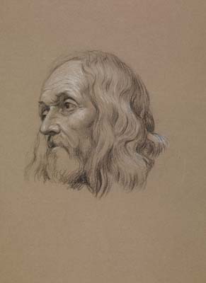 John Linnell [ English 1792 - 1882 ]  PORTRAIT OF THE ARTIST , SAMUEL PALMER , black and white chalk on brown paper , 265 x 185 mm