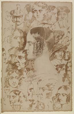 Richard Dadd [ English 1817 - 1886 ] PORTRAIT OF A WOMAN SURROUNDED BY THIRTY THREE OTHER PORTRAIT STUDIES  , ca 1860 , ink and wash on paper , 200 x 128 mm