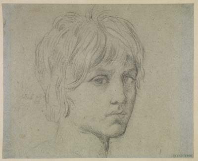 Theodore Chasseriau [ French , 1819- 1856 ]  PORTRAIT OF A YOUNG MAN , ca 1850 , graphite on blue paper , 197 x 240 mm
