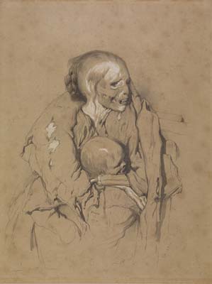Theodore Valerio [ French 1819 - 1879 ] A DEAD WOMAN AND CHILD AT THE ST BERNARD PASS , 1844 , graphite and white heightening on brown paper  , 278 x 208 mm